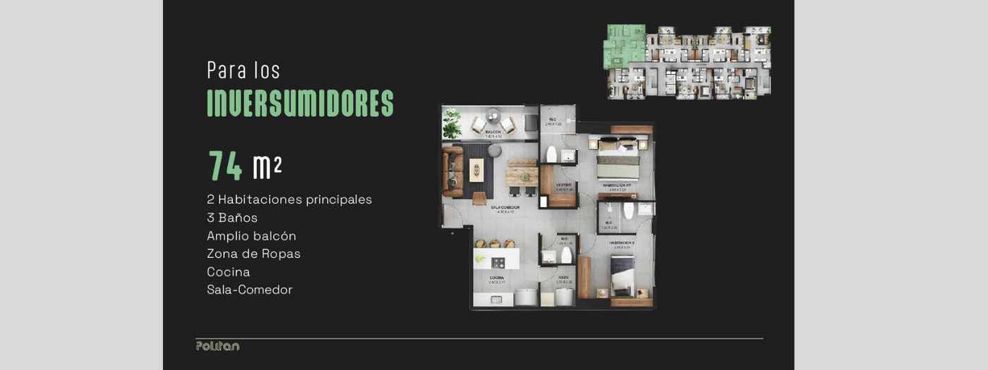 Plano POLITAN BY THE YARD – PARA LOS INVERSUMIDORES 74 m2