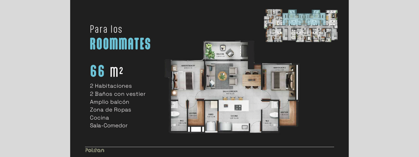 Plano POLITAN BY THE YARD – ROOMATE 66 m2