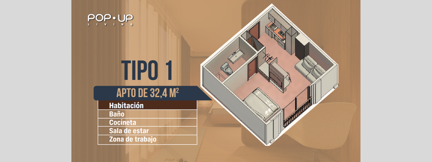 Plano POP UP LIVING Barranquilla Tipo 1 de 32 m²